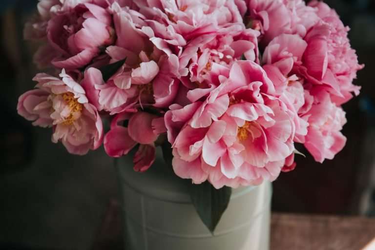 A pale green vase holding a large bunch of pink flowers