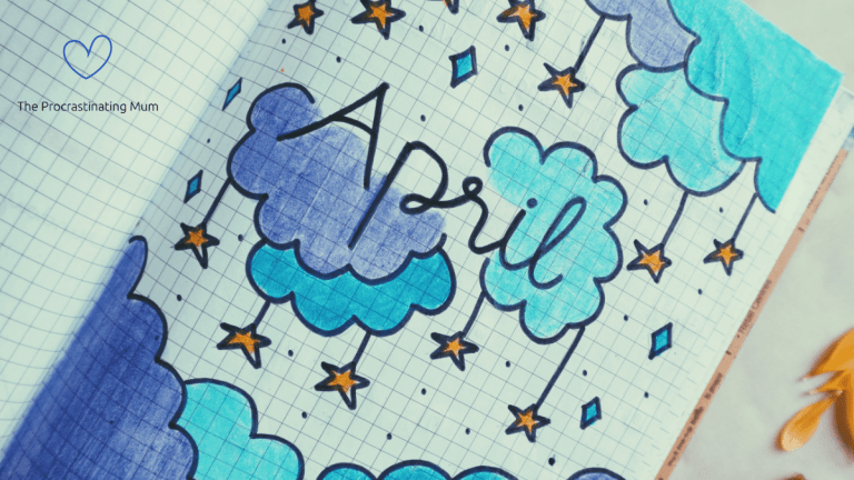 Page of a diary with April handwritten with purple and blue clouds and yellow stars