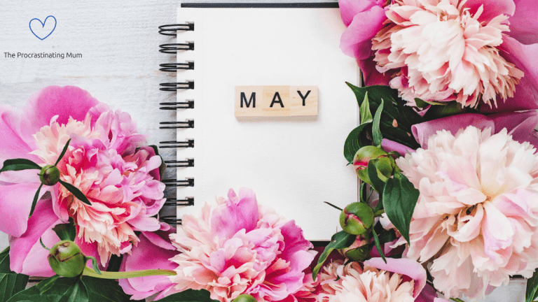 Pink flowers are surrounding a notebook that has May written on it