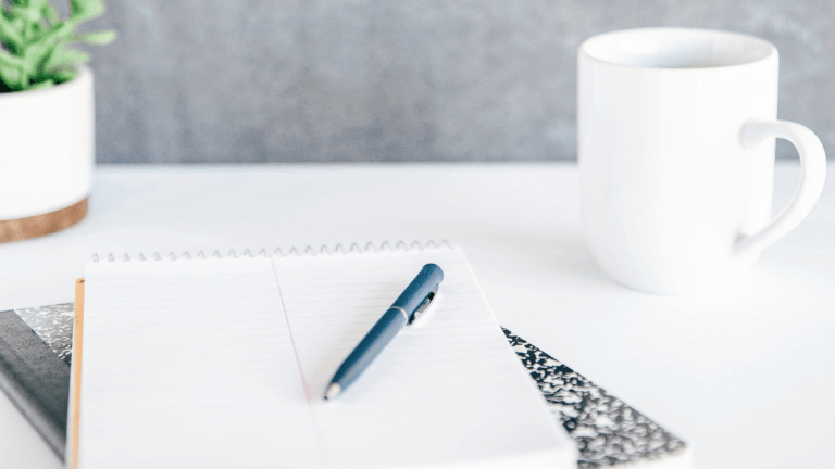 A white desk. There is a white cup and a green plant in a white vase. There is a notebook with a black and white cover and a blue pen