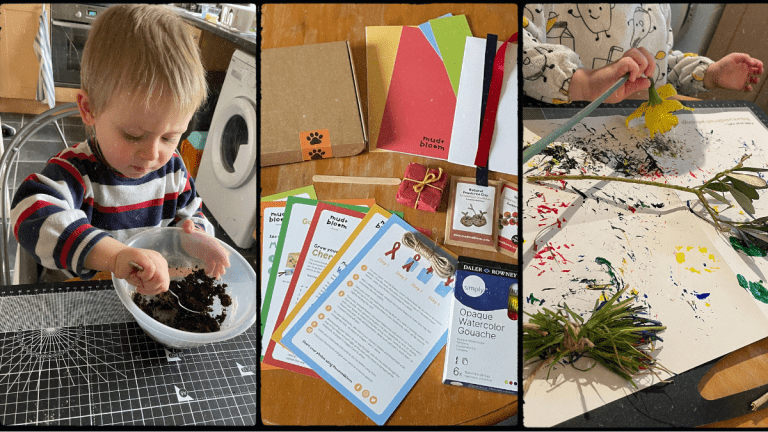Mud And Bloom Subscription Box Review Cover featuring Little J stirring a bowl of clay and compost, the contents of the mud and bloom box and a piece of paper with paint on it and paintbrushes made out of sticks, leaves and flowers